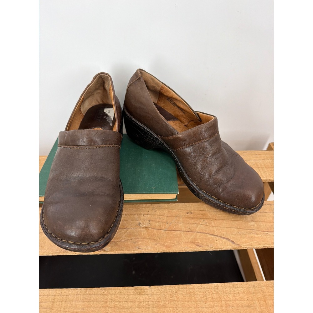 Born Leather Clogs Brown Slip On Wedge Mules Womens 8.5 W82030‎ CQD13